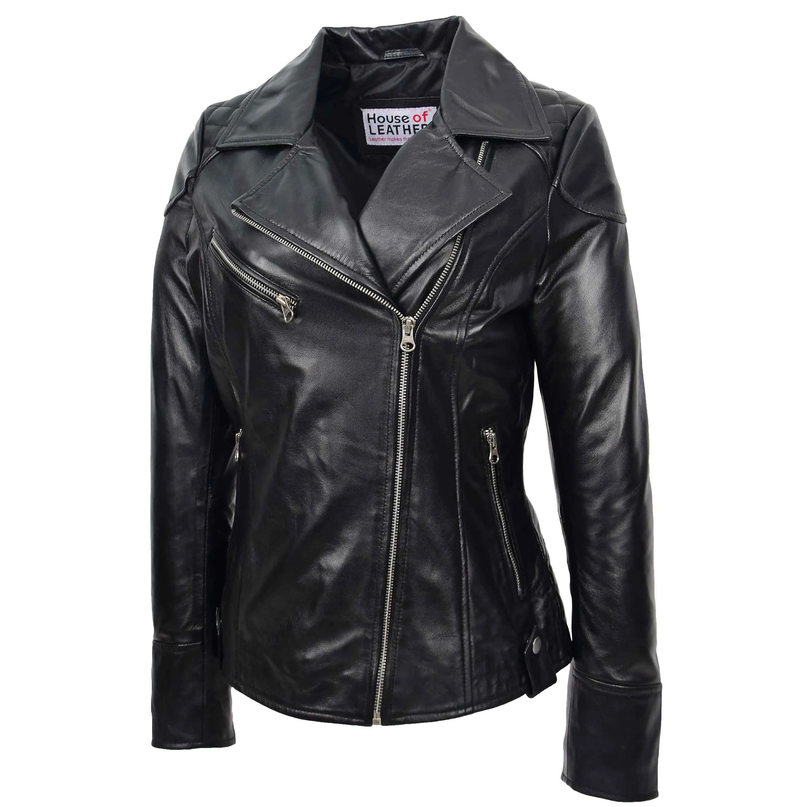 Womens Real Leather Biker Jacket Cross Zip Pockets Cherry Black