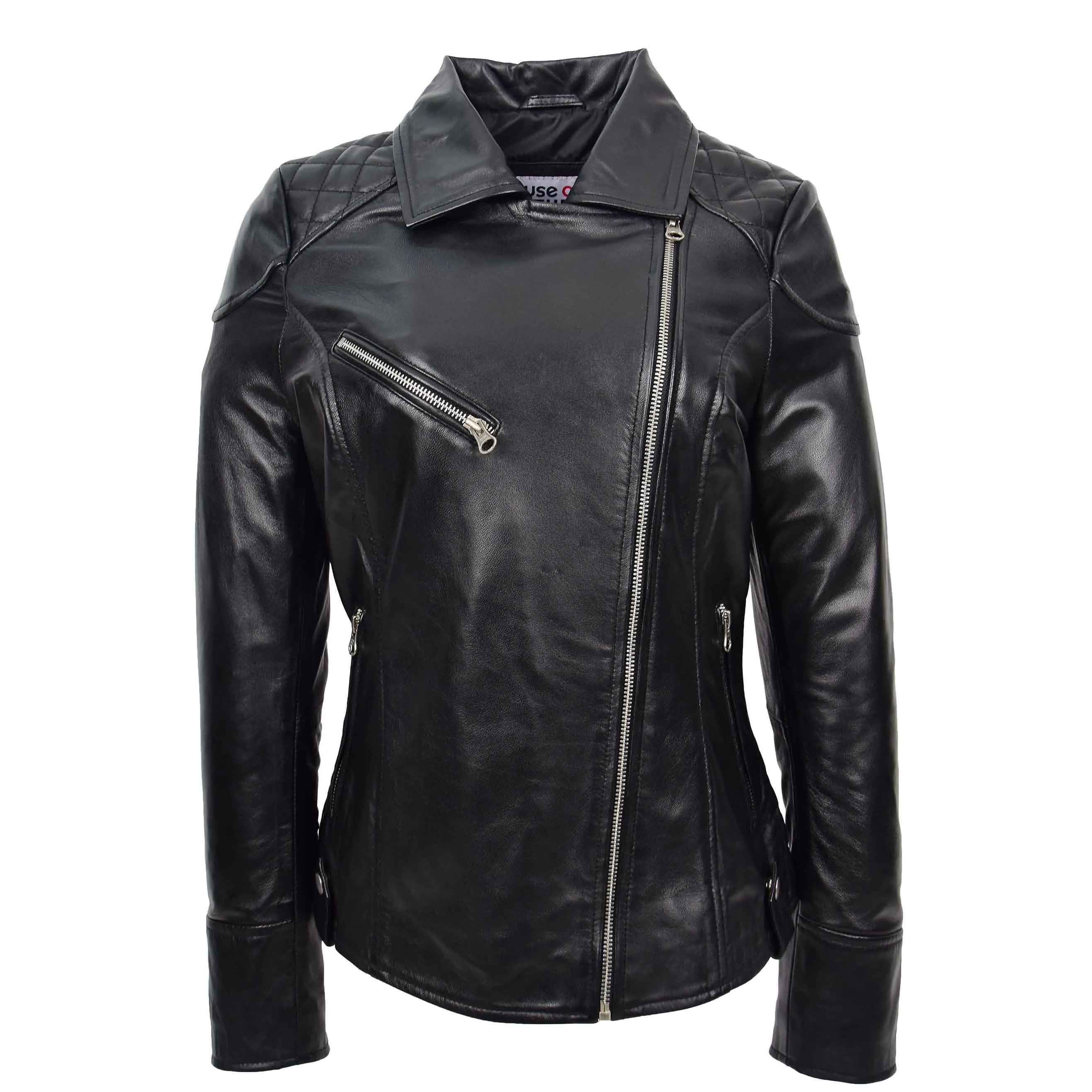 Womens Real Leather Biker Jacket Cross Zip Pockets Cherry Black