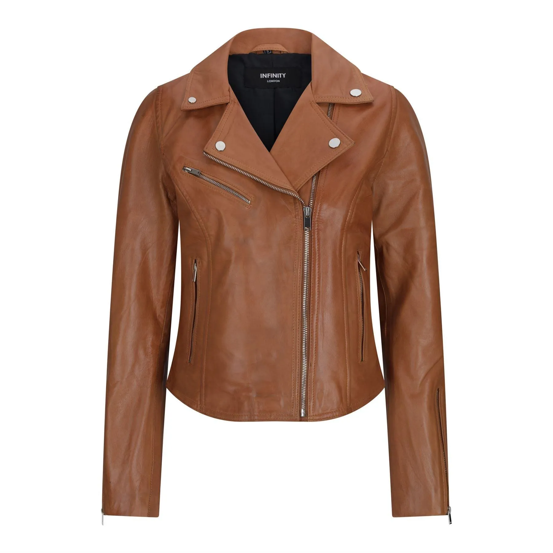 Womens Real Leather Biker Jacket Cross Zip Soft Slim Fit Brando Tan Brown Black Red Yellow