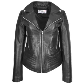 Womens Real Leather Biker Jacket Trendy Fitted Casual Style Emily Black