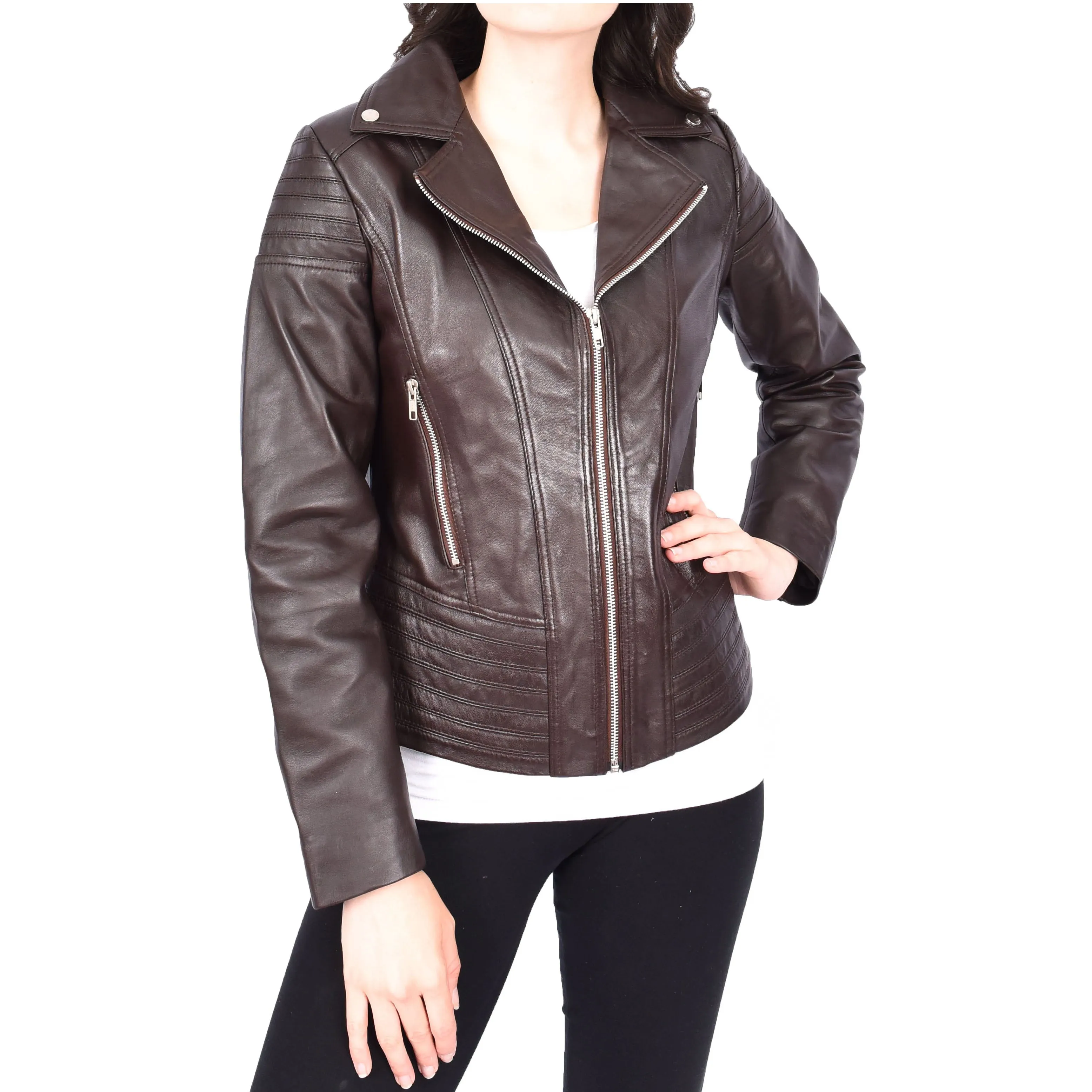 Womens Real Leather Biker Jackets Casual Fashion Outerwear Sonya Brown