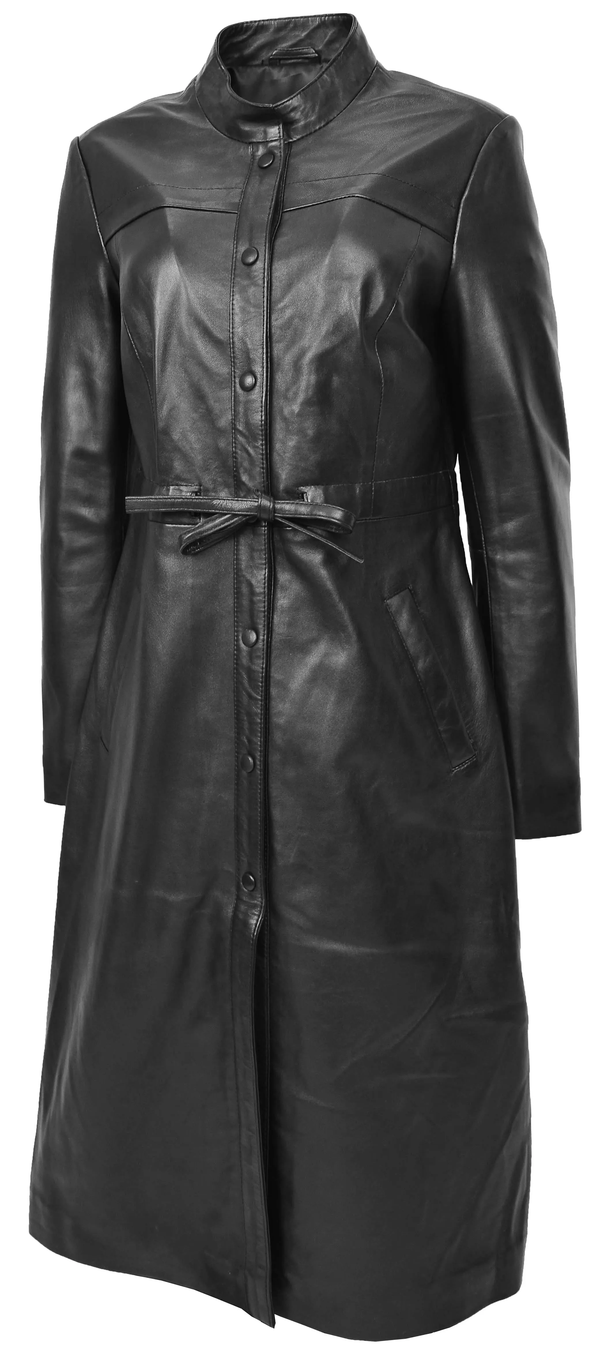 Womens Real Leather Full Length Coat Trendy Slim Fit Trench Overcoat Gamora