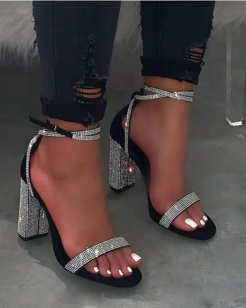 Women's Rhinestone Chunky High-heeled Ankle Strap Sandal*