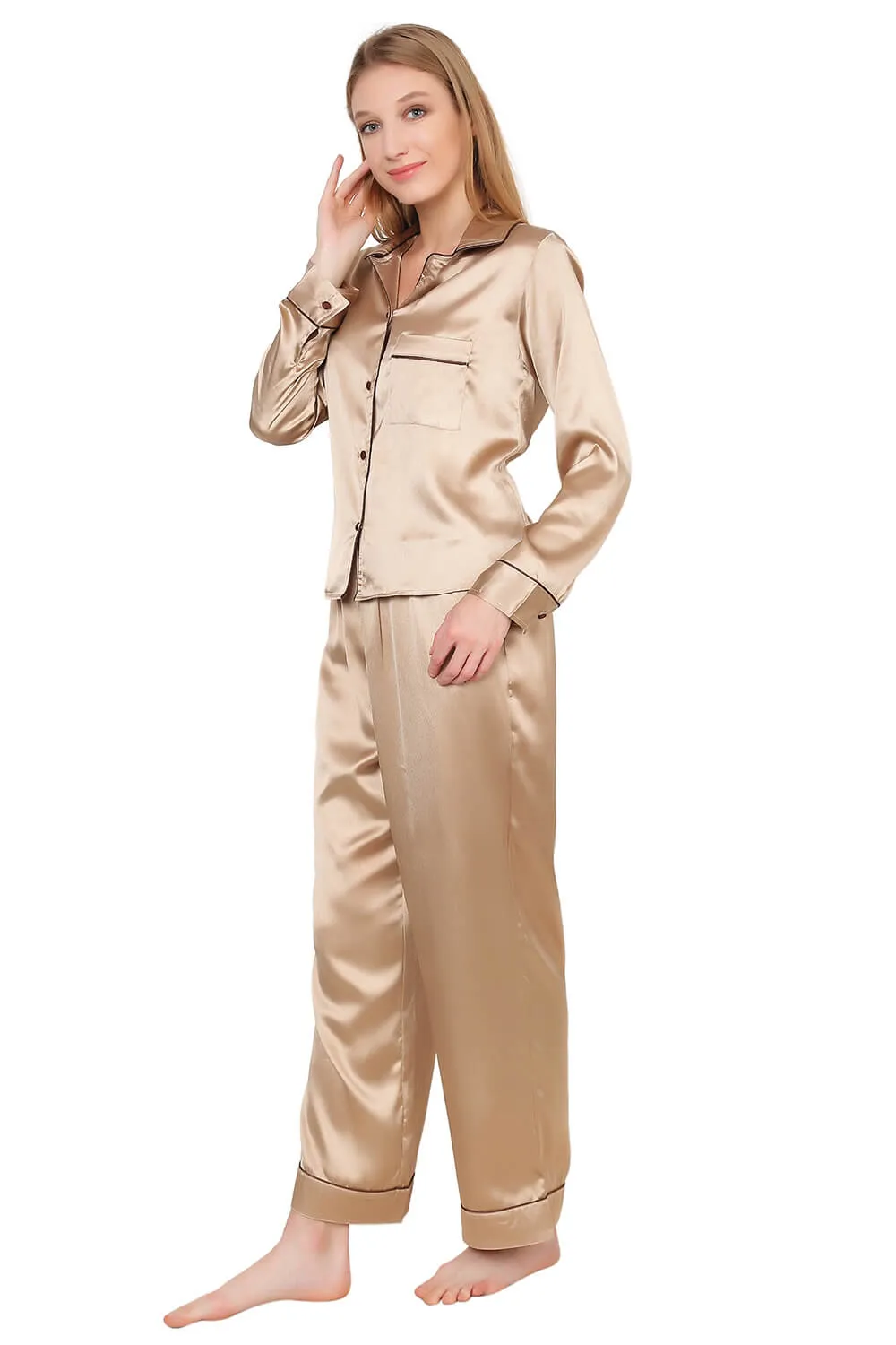 Womens Silk Satin Pajamas Loungewear Two-piece Sleepwear Button-Down Pj Set