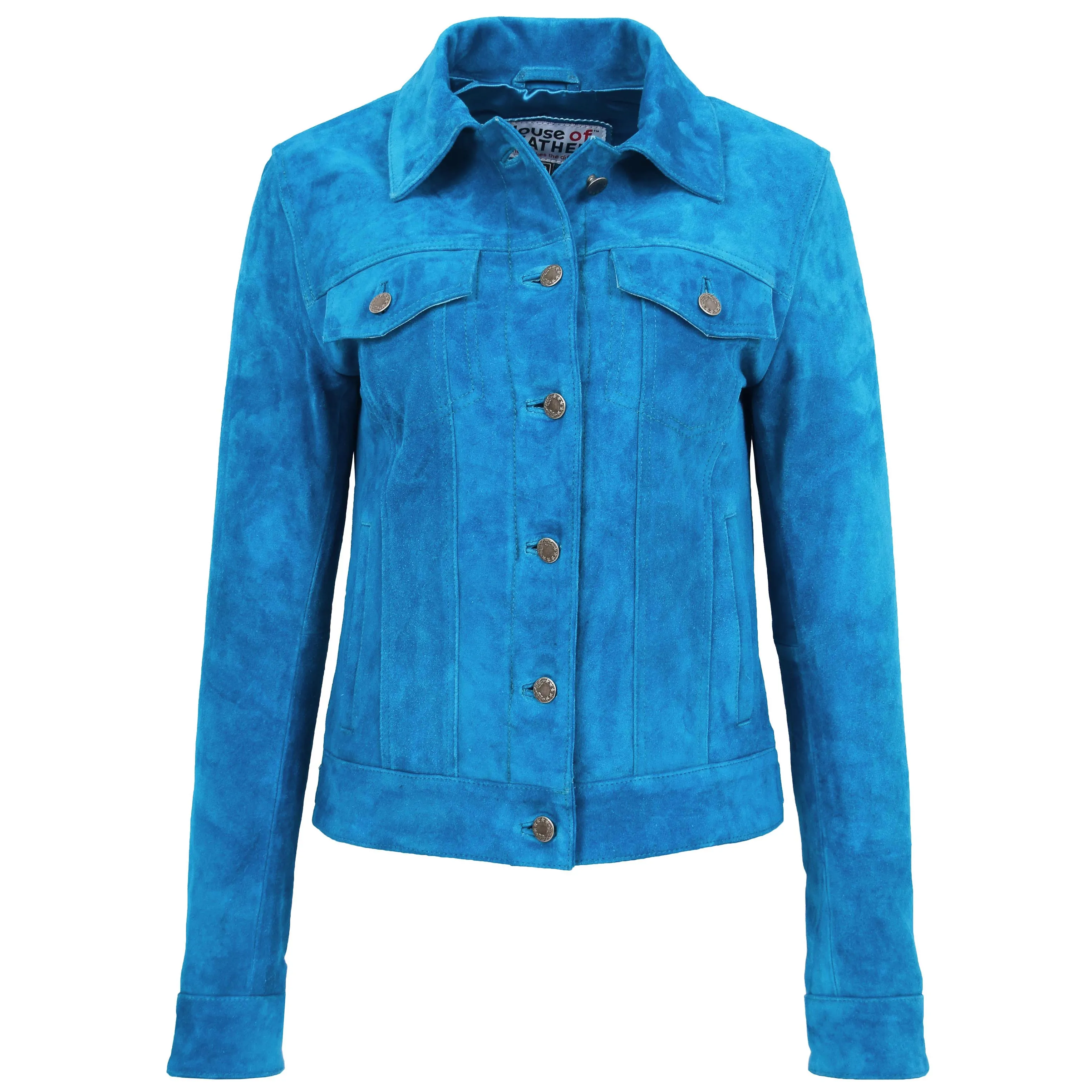 Womens Soft Suede Trucker Style Jacket Alma Teal Blue