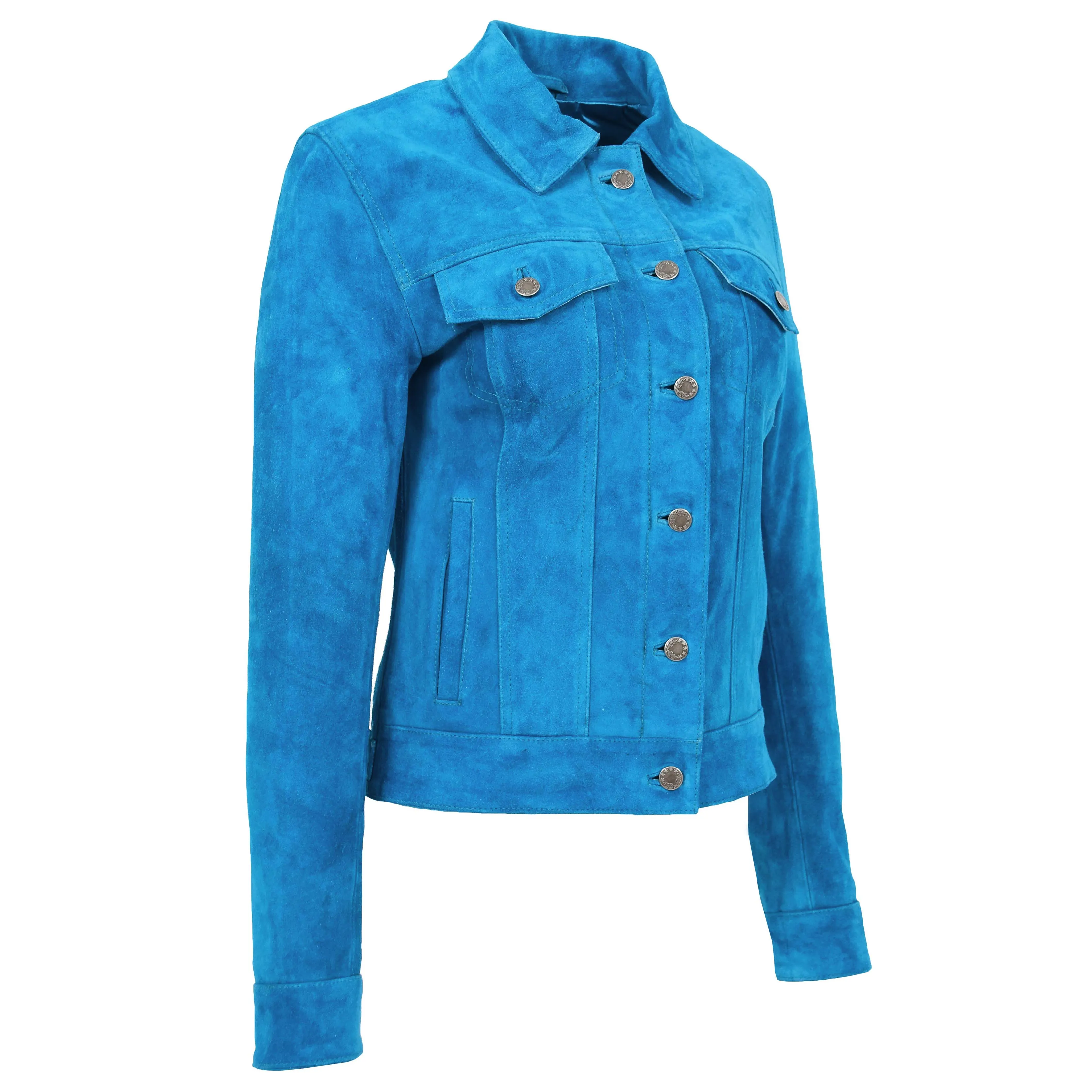 Womens Soft Suede Trucker Style Jacket Alma Teal Blue