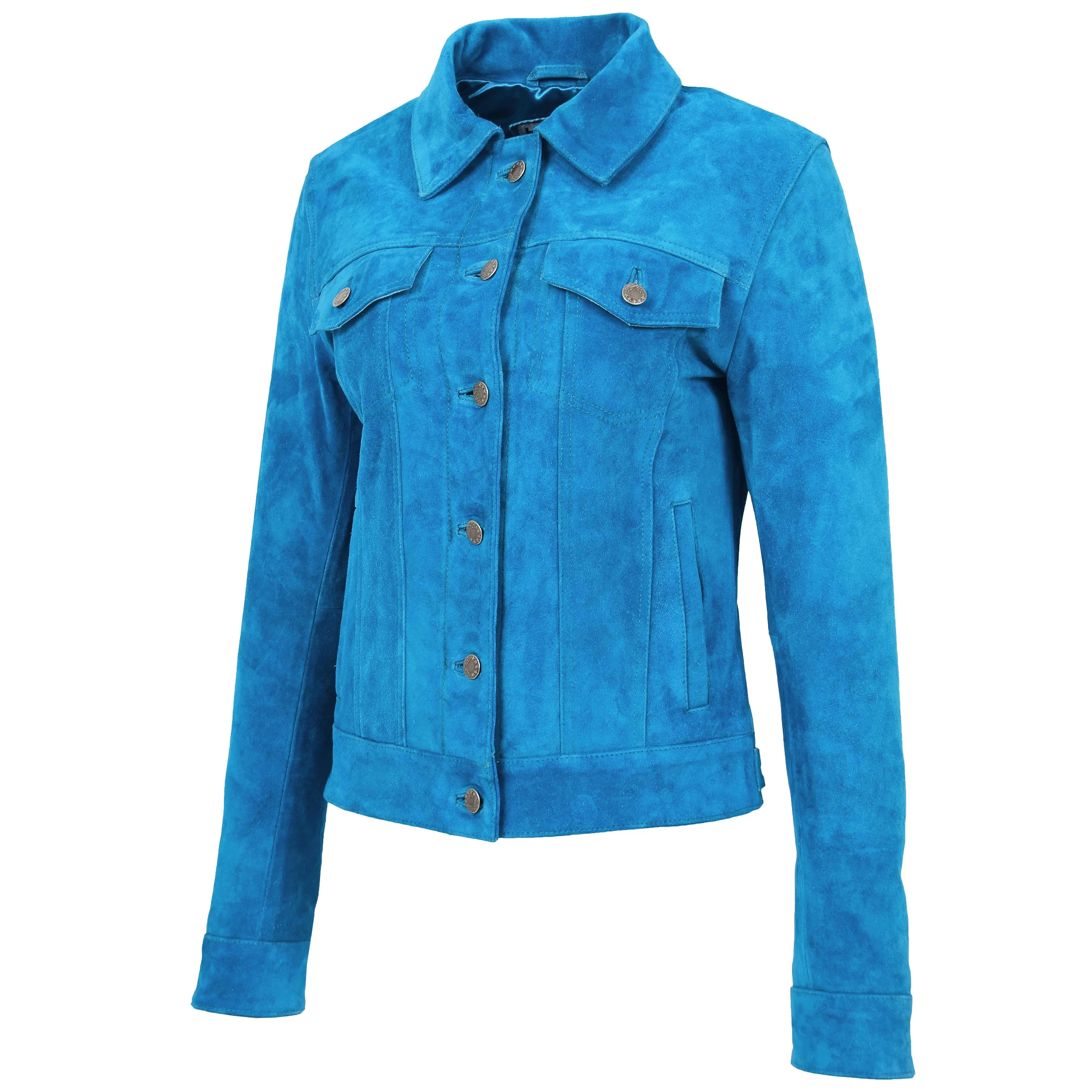 Womens Soft Suede Trucker Style Jacket Alma Teal Blue