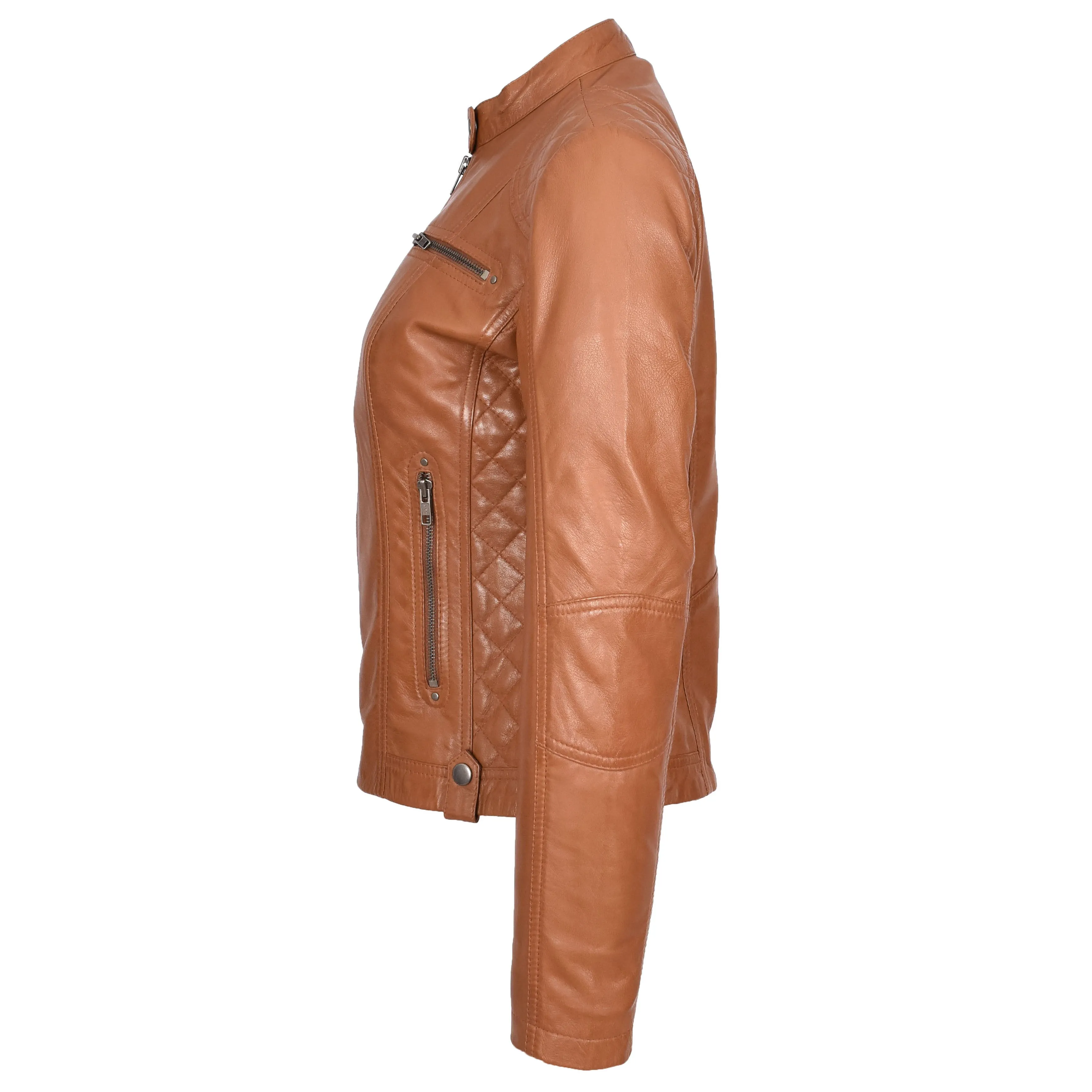 Womens Soft Tan Leather Biker Jacket Fitted Quilted Casual Cafe Racer Style Zip Fasten Fiona