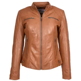 Womens Soft Tan Leather Biker Jacket Fitted Quilted Casual Cafe Racer Style Zip Fasten Fiona