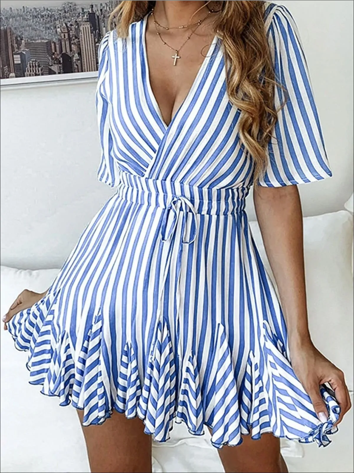 Women's Striped Faux Wrap Ruffle Detail A-Line Dress