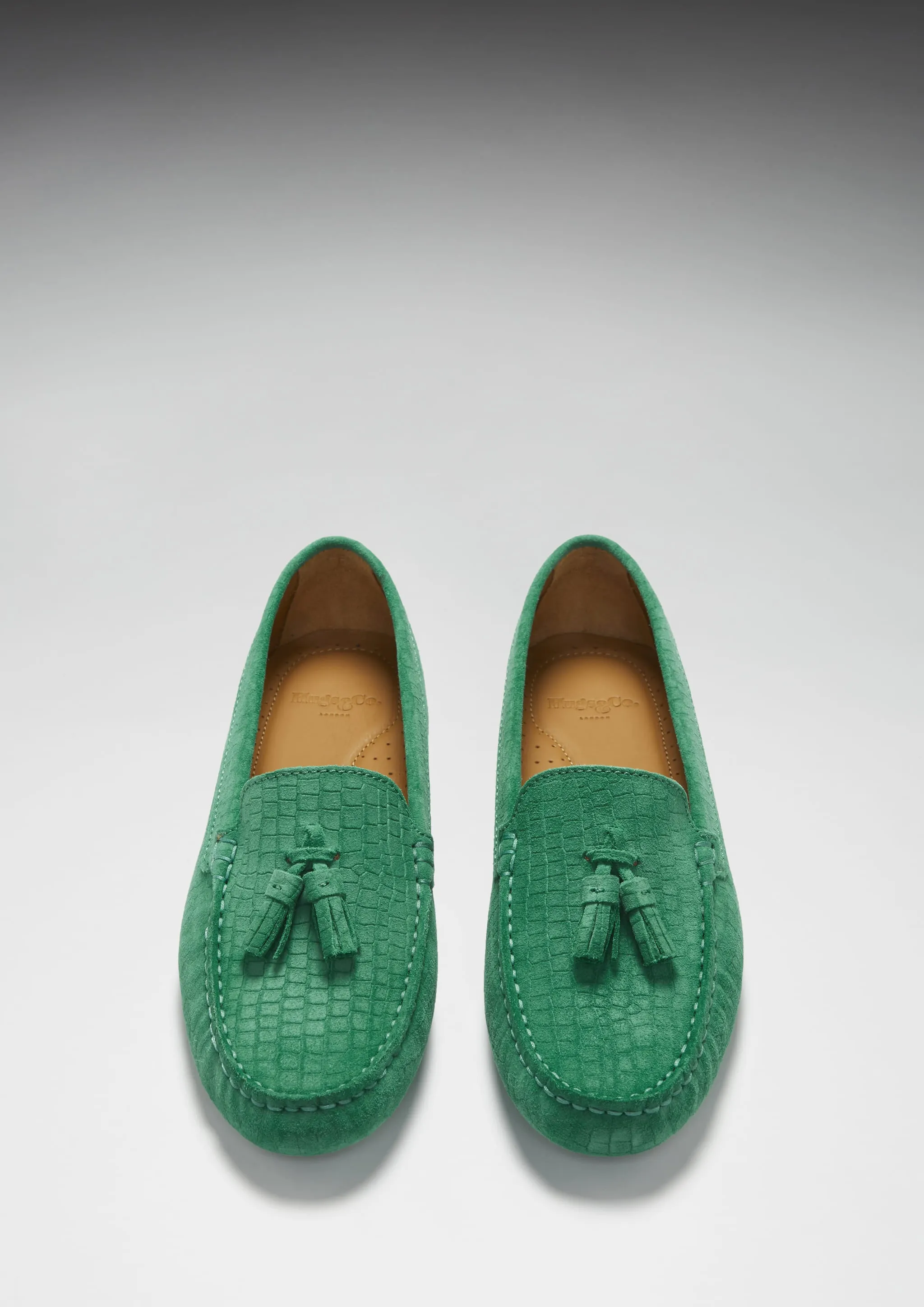 Women's Tasselled Driving Loafers, emerald embossed suede