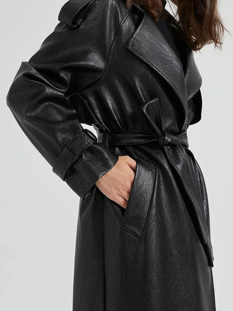 Women's Ultra Long Faux Leather Trench Coat