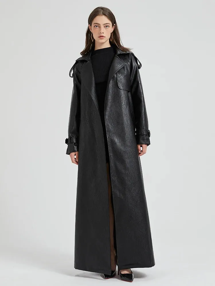 Women's Ultra Long Faux Leather Trench Coat