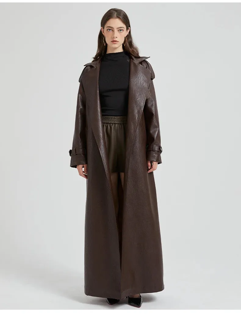 Women's Ultra Long Faux Leather Trench Coat