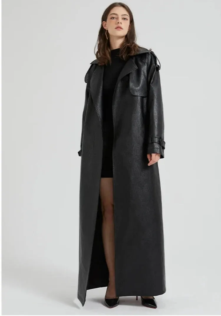 Women's Ultra Long Faux Leather Trench Coat