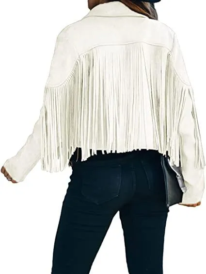 Womens White Fringe Leather Jacket