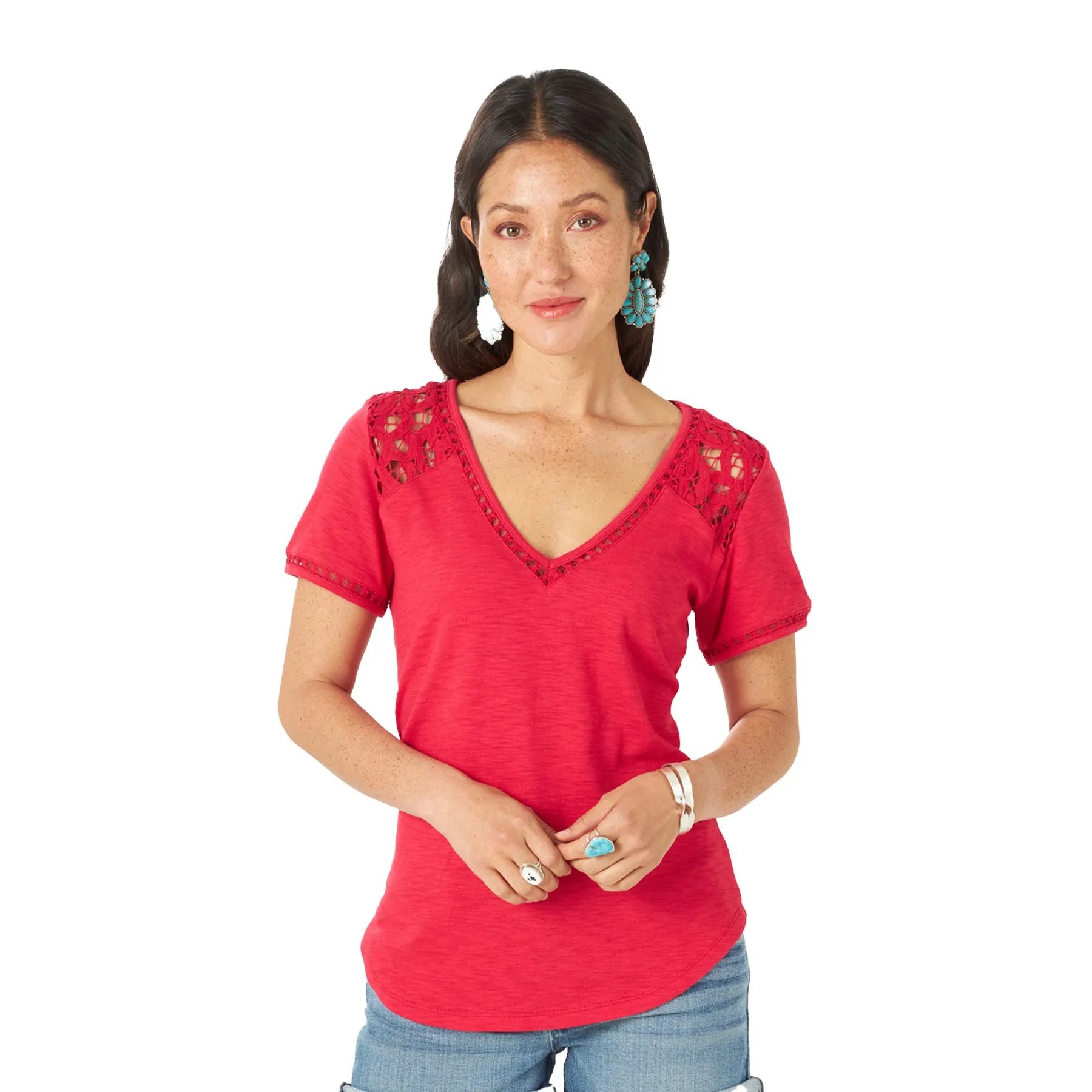 Women's Wrangler Retro Red Short Sleeve Top with Crochet Trim