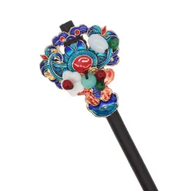 Wood Stick with Enameled Pieces Beads and Mother-of-Pearl Flower