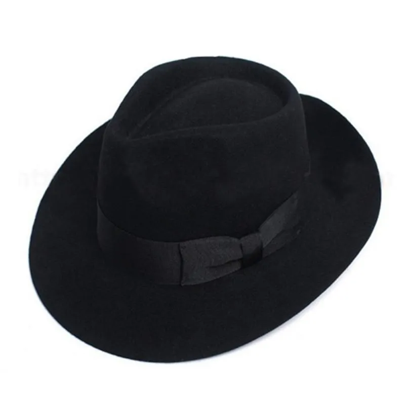 Wool Fedora Classic Solid Black Wide Brim Hat