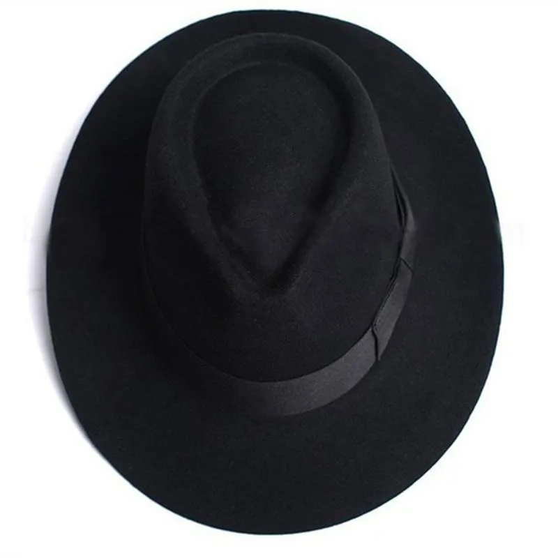 Wool Fedora Classic Solid Black Wide Brim Hat