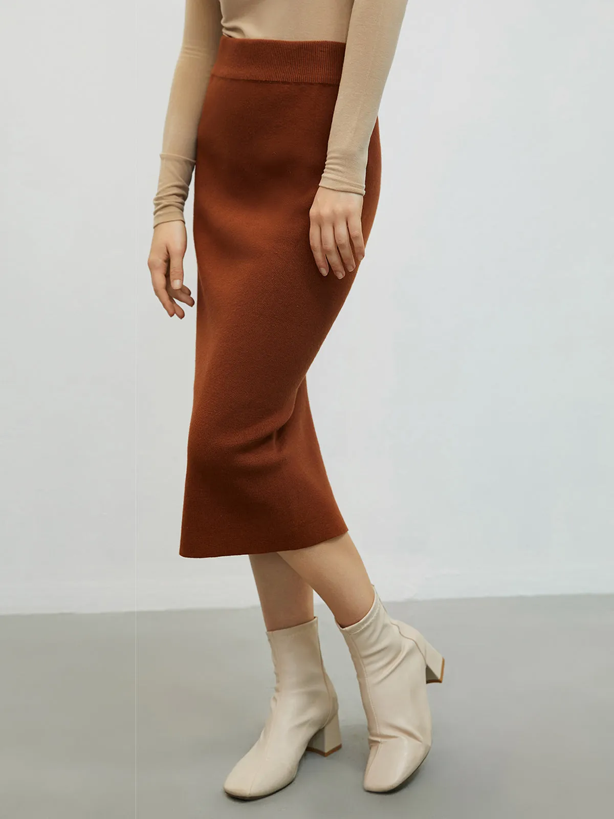 Woolen Slit Knit Midi Skirt