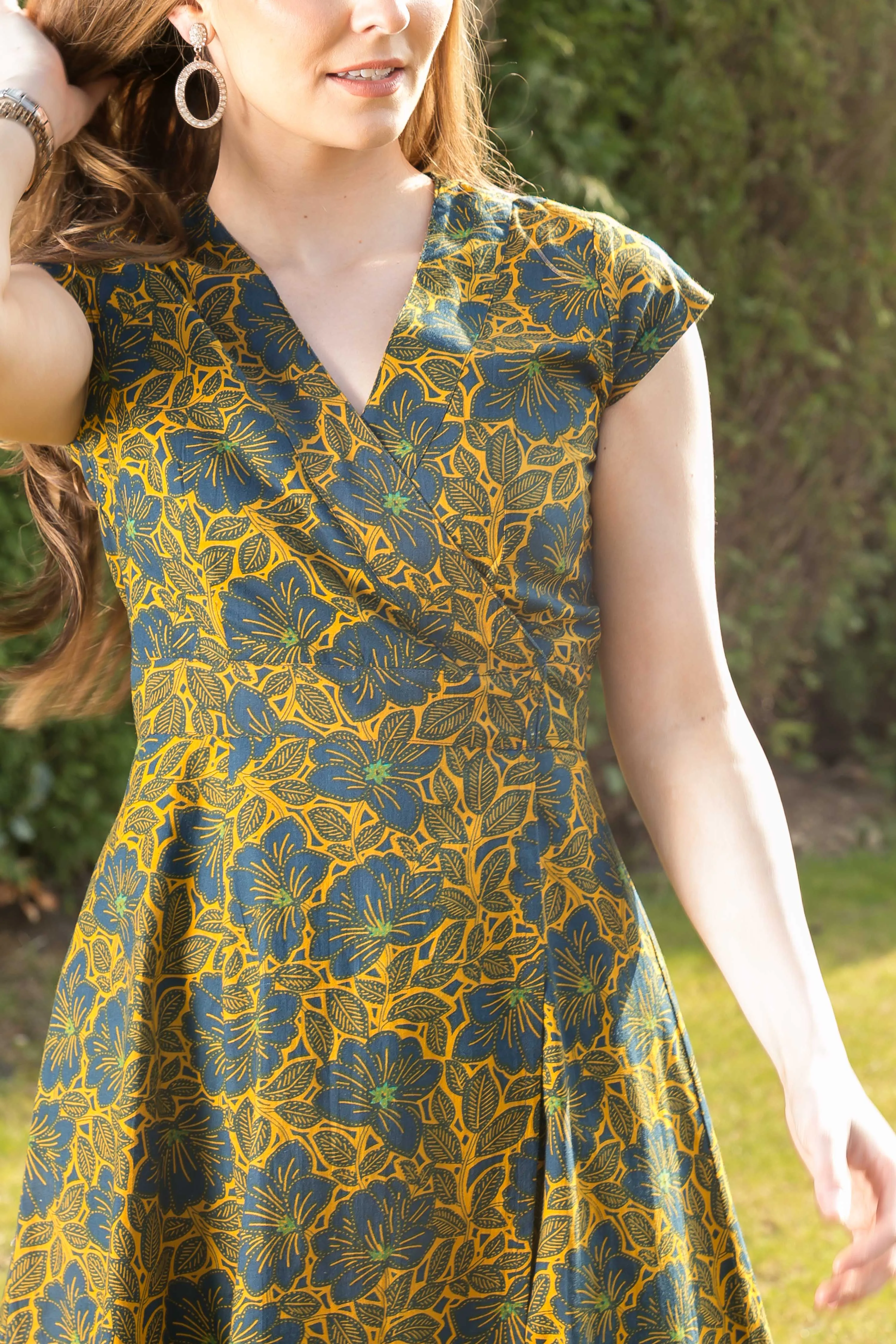 Wrap Cotton Dress Yellow Blue Floral Print