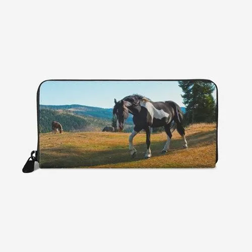 Wristlet Phone Wallet, Black And White Stallion Horse Nature Landscape Leather