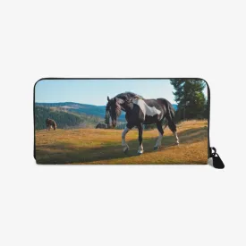 Wristlet Phone Wallet, Black And White Stallion Horse Nature Landscape Leather