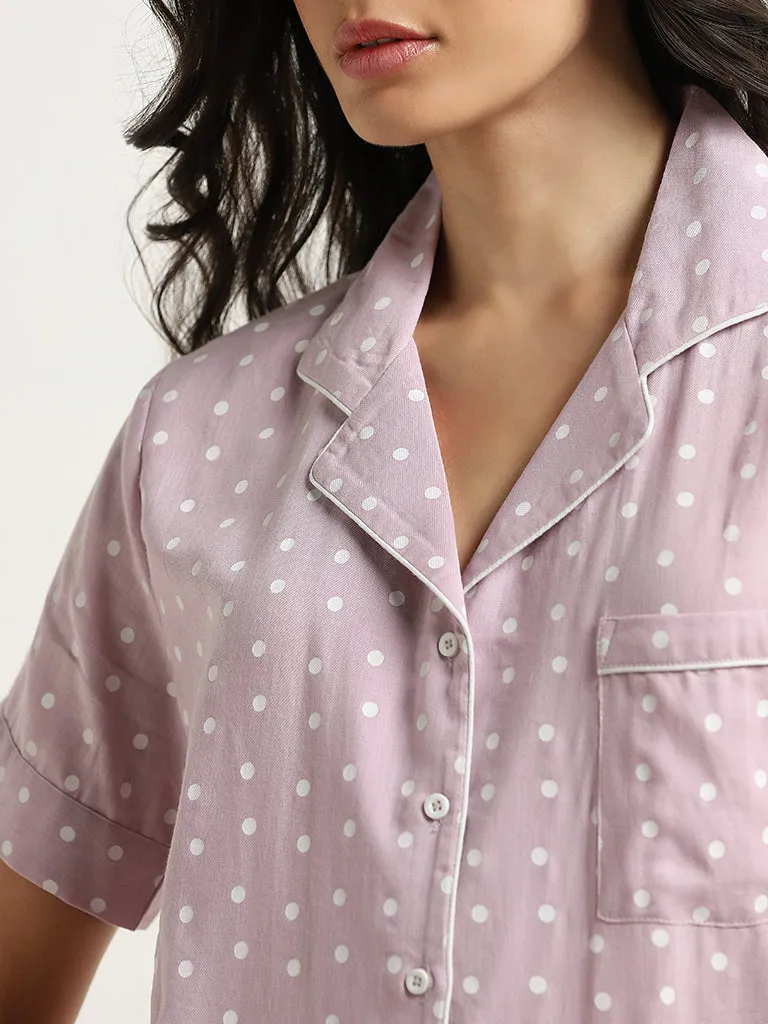 Wunderlove Lilac Polka Dotted Cotton Shirt with Pyjamas Set