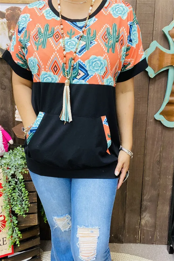 XCH9994 Cactus/Aztec orange multi color printed black block short sleeve women top w/front pocket(FS4)