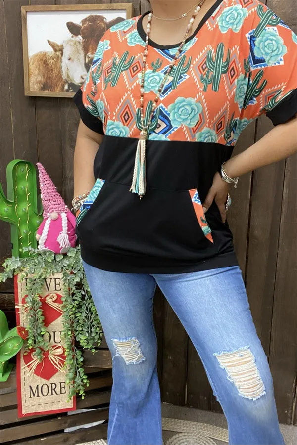 XCH9994 Cactus/Aztec orange multi color printed black block short sleeve women top w/front pocket(FS4)