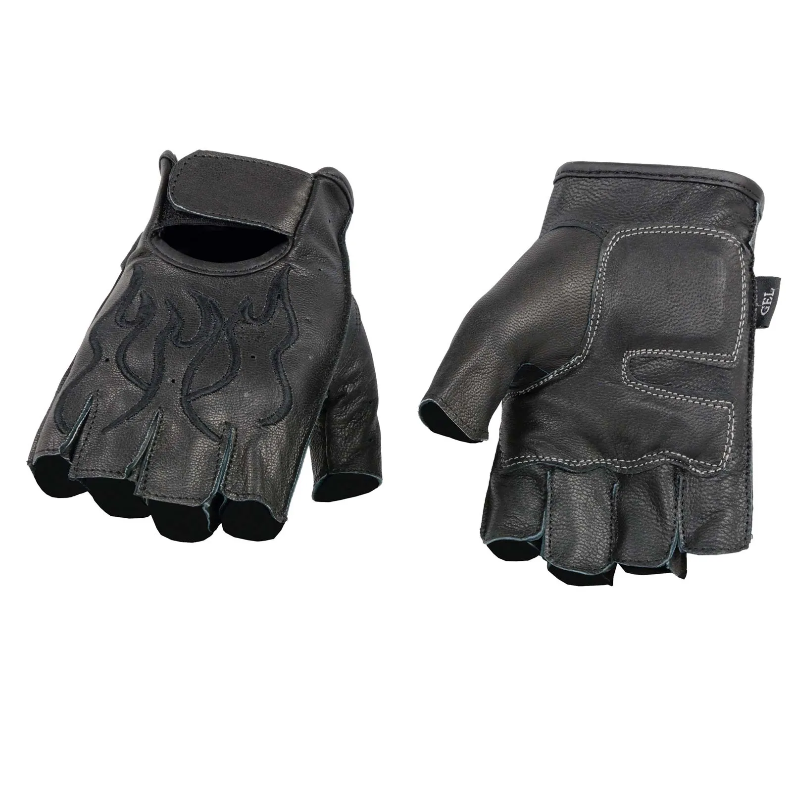 Xelement XG198 Men's Embroidered 'Flamed' Fingerless Black Motorcycle Leather Gloves