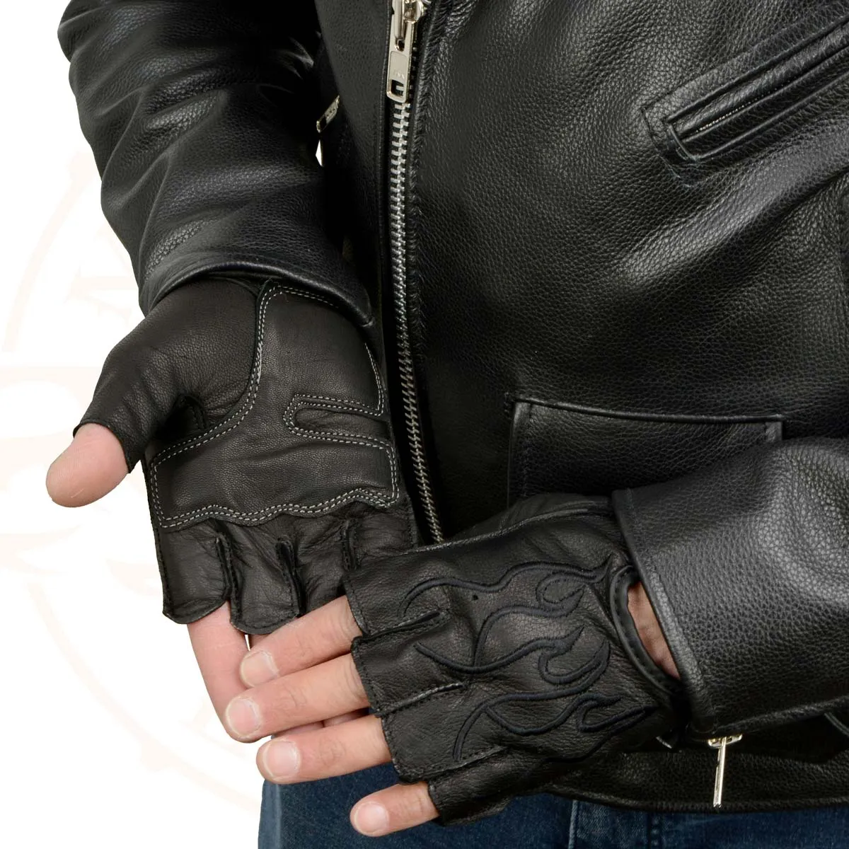 Xelement XG198 Men's Embroidered 'Flamed' Fingerless Black Motorcycle Leather Gloves