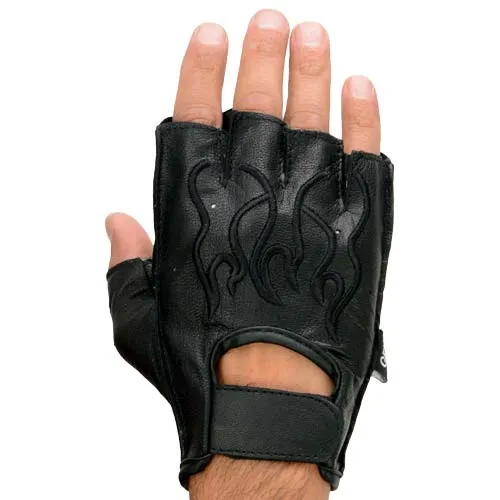 Xelement XG198 Men's Embroidered 'Flamed' Fingerless Black Motorcycle Leather Gloves