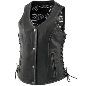 Xelement XS1029 Women's 'Paisley' Black Motorcycle Leather Vest with Side Lace Adjustment