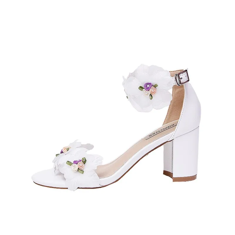 xiangtuibao Sweet Open Toe Women's Sandals with One Line Buckle Hollow White Chiffon Flowers Adult Gift Fairy Women's Shoes Bridesmaid Shoes