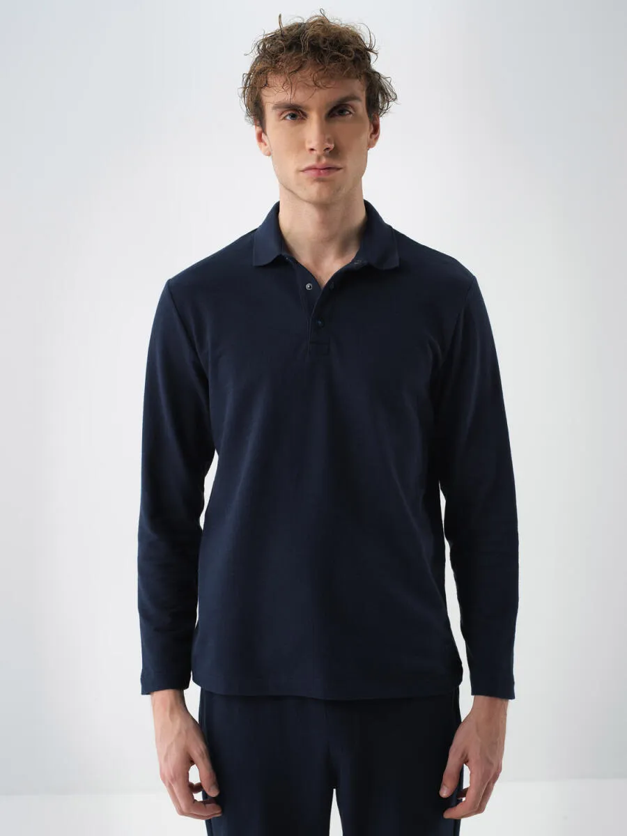 Xint Cotton Long Sleeved Navy Polo