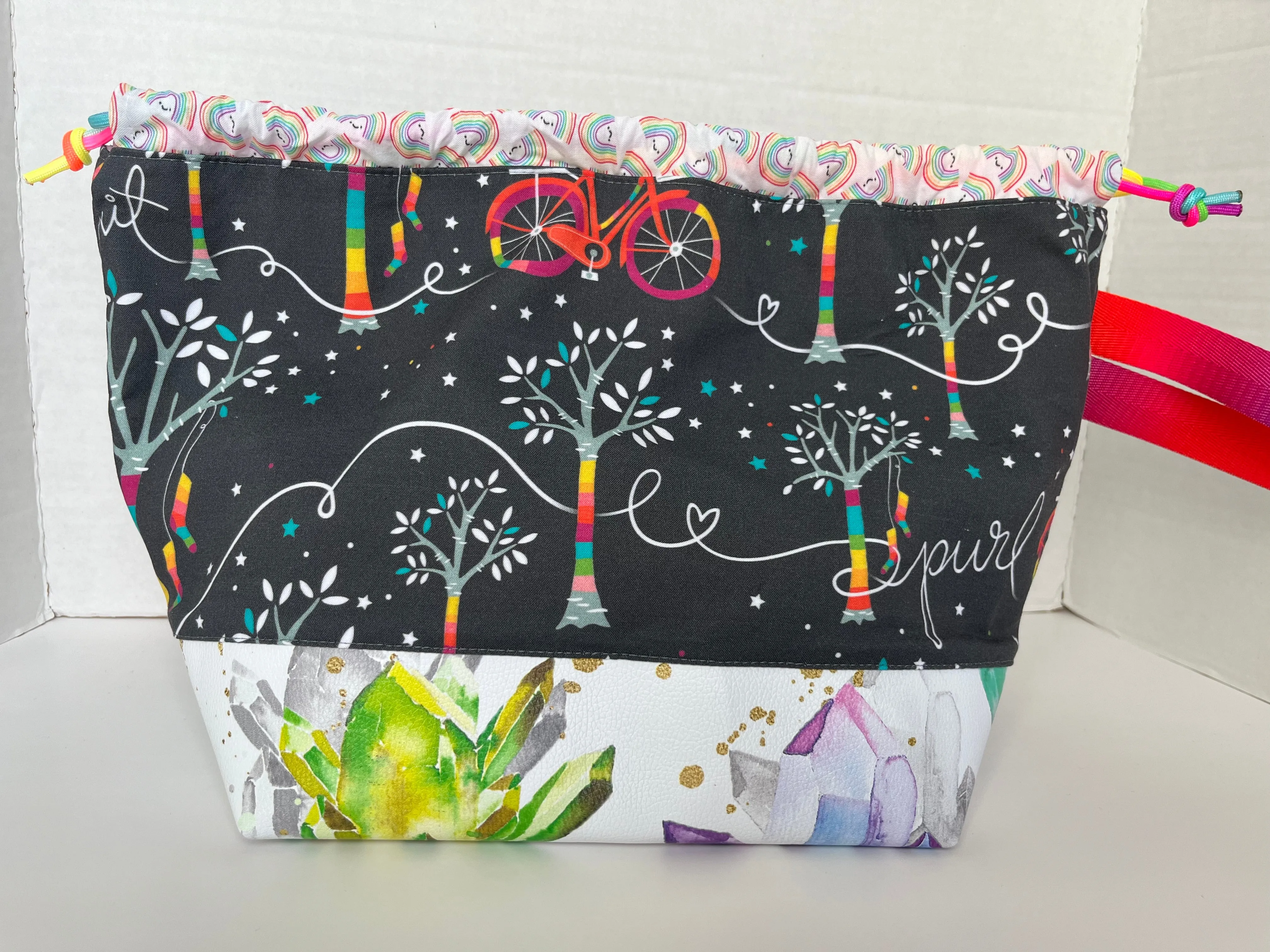 Yarn Bomb Themed Knitting Project Bag with Crystal Print Vinyl