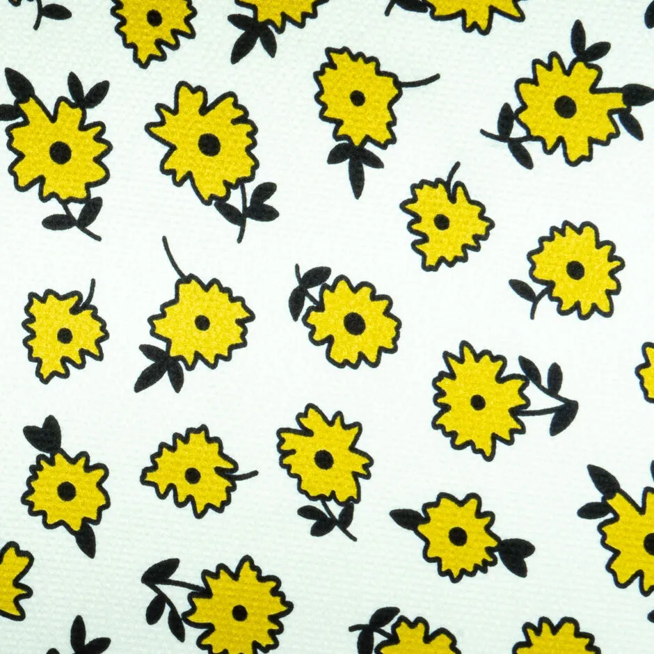 Yellow & Black Floral Printed White Silk Jacquard