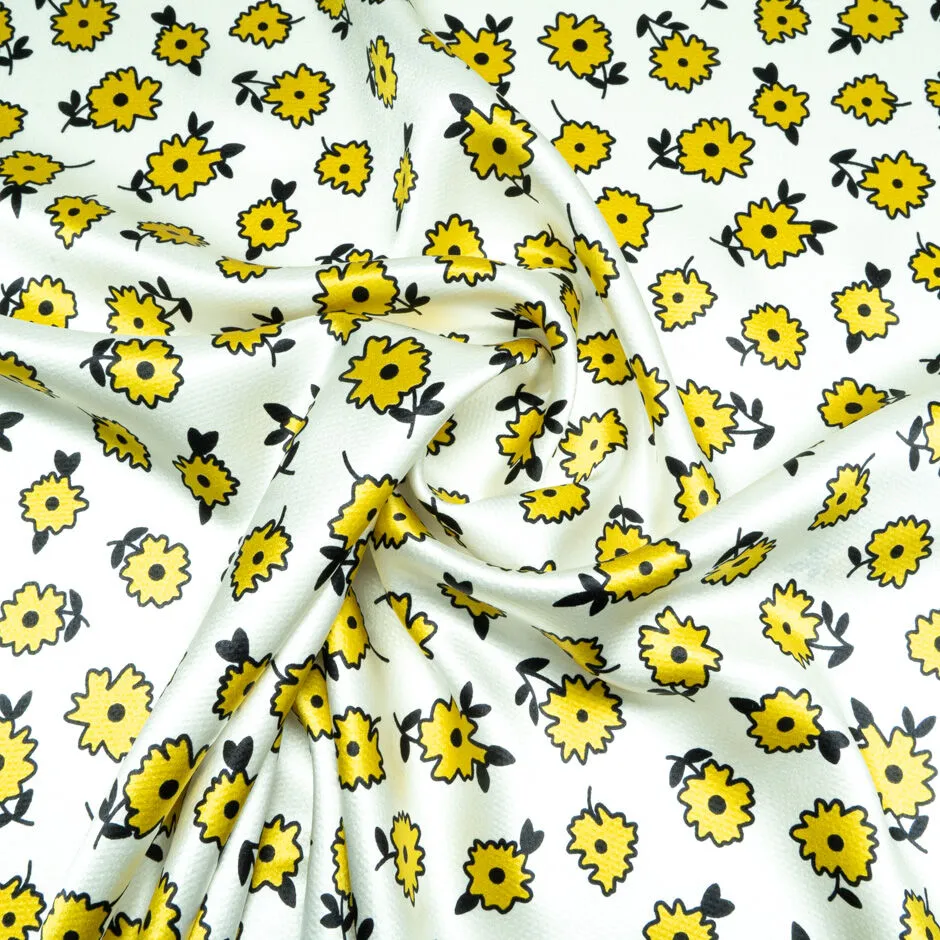 Yellow & Black Floral Printed White Silk Jacquard