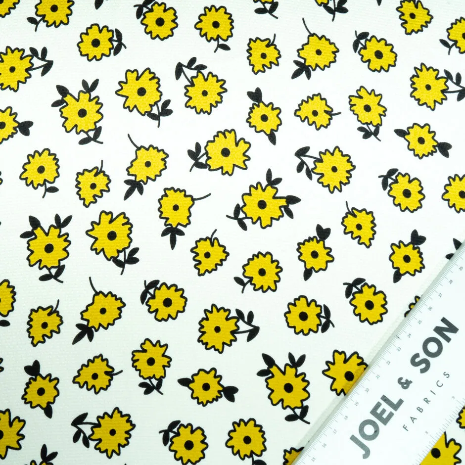 Yellow & Black Floral Printed White Silk Jacquard