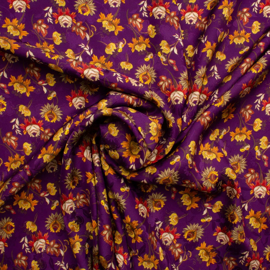 Yellow & Burnt Orange Floral Printed Purple Silk Jacquard