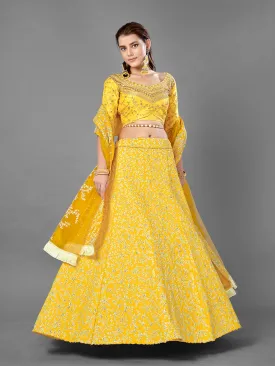 Yellow Art Silk Embroidered Semi Stitched Lehenga With Unstitched Blouse