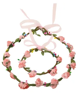 Yellow Chimes Floral Tiara Crown Set for Women Handmade Pink Floral Tiara & Bracelet Set For Women Wrist Band Bridal Wedding Headband Hair Tiara For Women Bridesmaid Tiara Set Hair Accessories