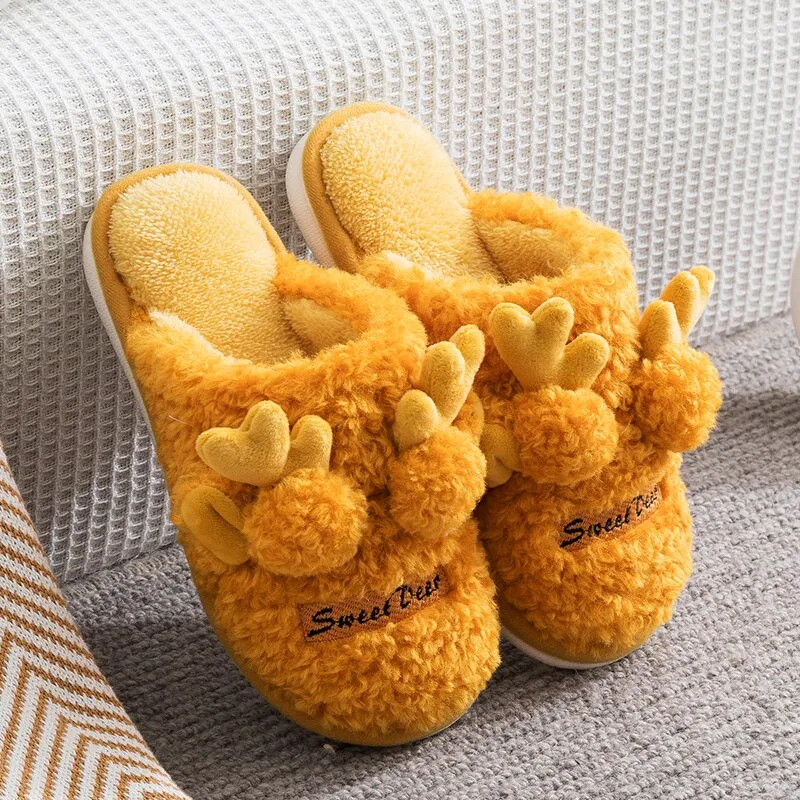 Yellow Cute Deer Women's Fur Slippers Indoor Room Plush Slippers Couple Warm Fleece Women Soft Home Slippers zapatillas invierno