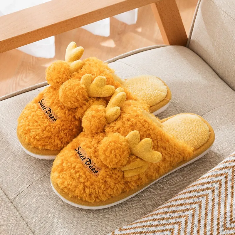 Yellow Cute Deer Women's Fur Slippers Indoor Room Plush Slippers Couple Warm Fleece Women Soft Home Slippers zapatillas invierno