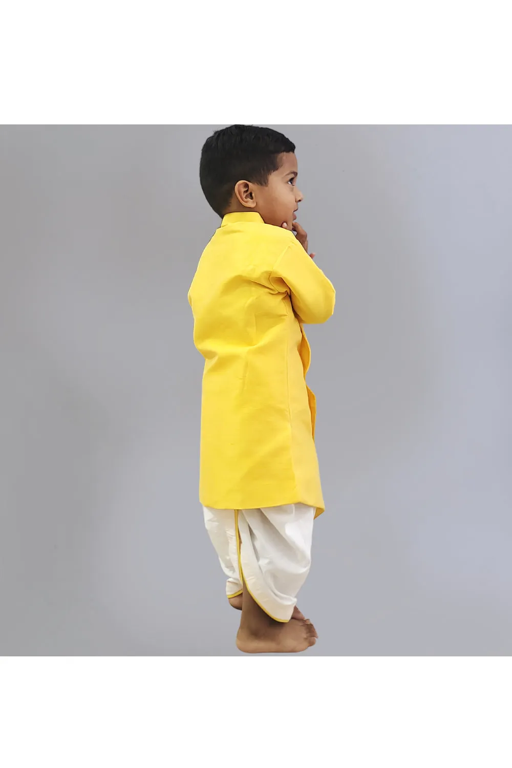 Yellow Deer Embroidered Motif Work Kurta With Dhoti Set