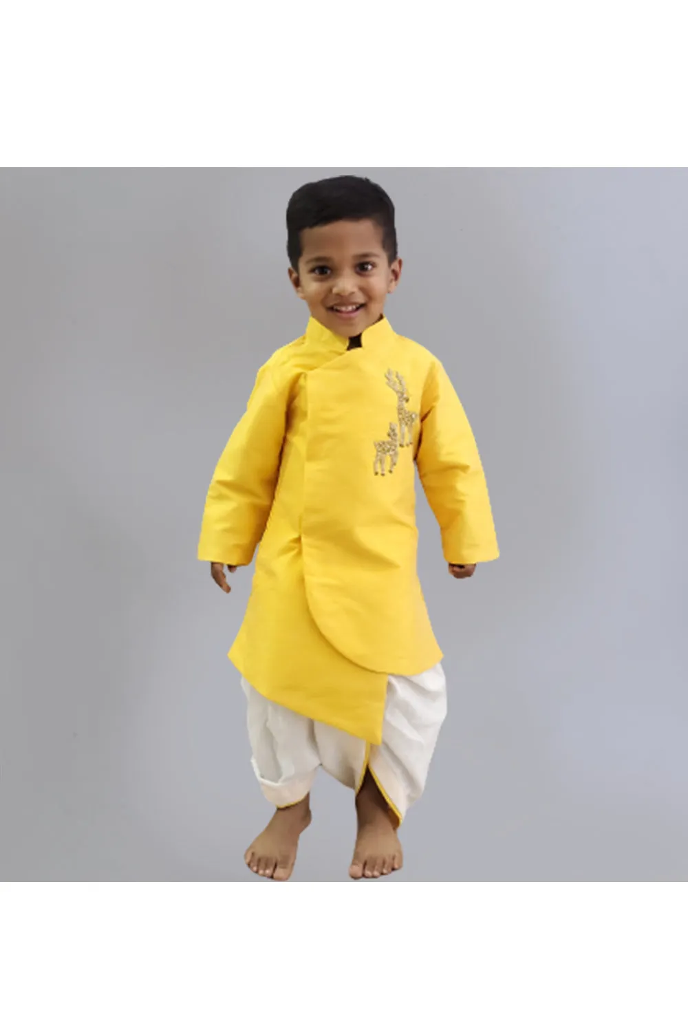 Yellow Deer Embroidered Motif Work Kurta With Dhoti Set