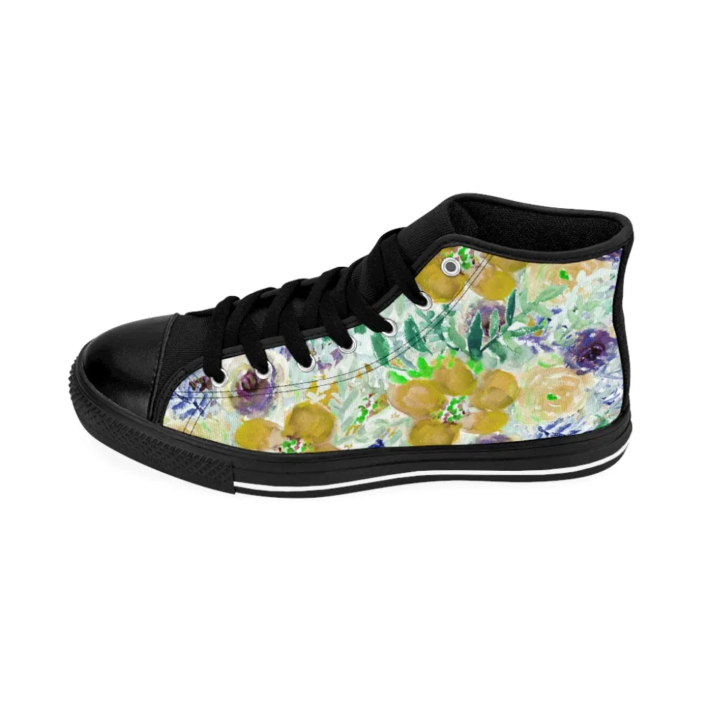 Yellow Floral Women's Sneakers, Flower Print Designer High-top Sneakers Tennis Shoes (US Size: 6-12)