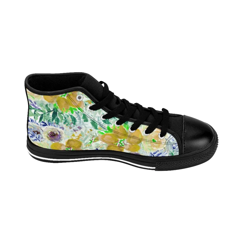 Yellow Floral Women's Sneakers, Flower Print Designer High-top Sneakers Tennis Shoes (US Size: 6-12)